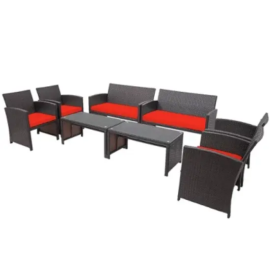 Costway 8PCS Patio Rattan Furniture Set Cushioned Chair Sofa Coffee Table White\Navy\Turquoise\Red image {7}