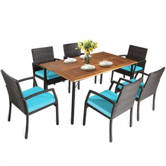 Tangkula 7- Piece Patio Dining Furniture Set Acacia Wood and Wicker Dining Table Armchairs Navy/Red/White/Turquoise image {10}
