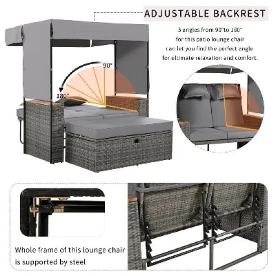 2-Piece Outdoor Rattan Daybed with 5 Positions, Canopy, Bench, and Cushions for Poolside, Backyard & Garden image {4}