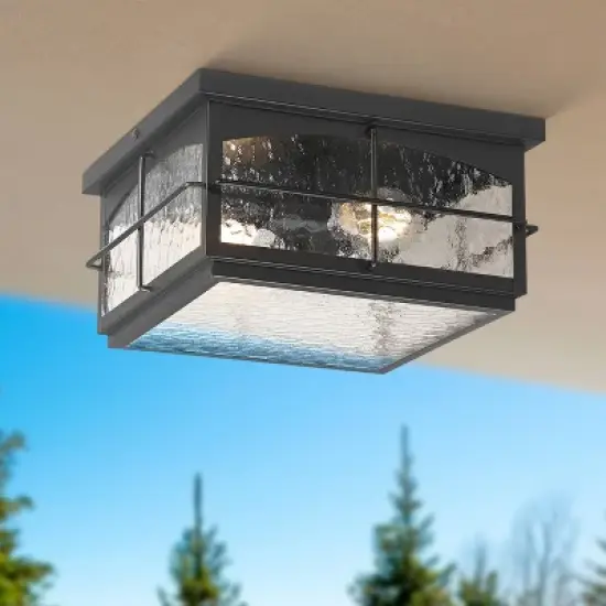 John Timberland Braylon 12" Wide Black and Hammered Glass Outdoor Ceiling Light image {1}