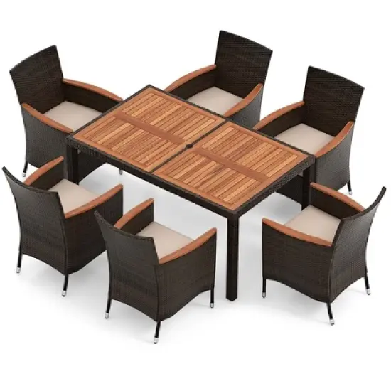 Costway 7 Pieces Outdoor Wicker Dining Set with Acacia Wood Table and 6 Stackable Chairs image {9}