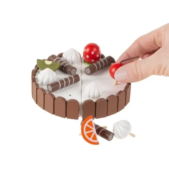 Birthday Cake-Kids Wooden Magnetic Dessert with Cutting Knife, Fruit Toppings, Chocolate and Vanilla Swirls-Fun Pretend Play Party Food by Toy Time image {2}