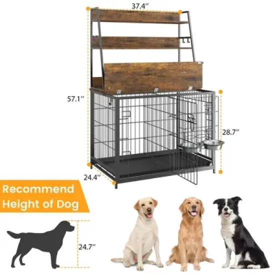 Dog Crate Furniture with Storage Shelves, Removable Tray, Double Doors Modern Dog Crate with Two Adjustable Stainless Steel Bowls image {6}