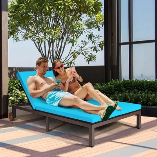 Costway 2-Person Patio Rattan Lounge Chair Chaise Recliner Adjustable Cushion Turquoise image {4}