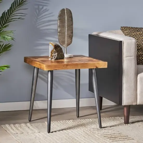 Villard Boho Handcrafted Mango Wood Parquet Side Table Natural Honey/Gray - Christopher Knight Home image {1}