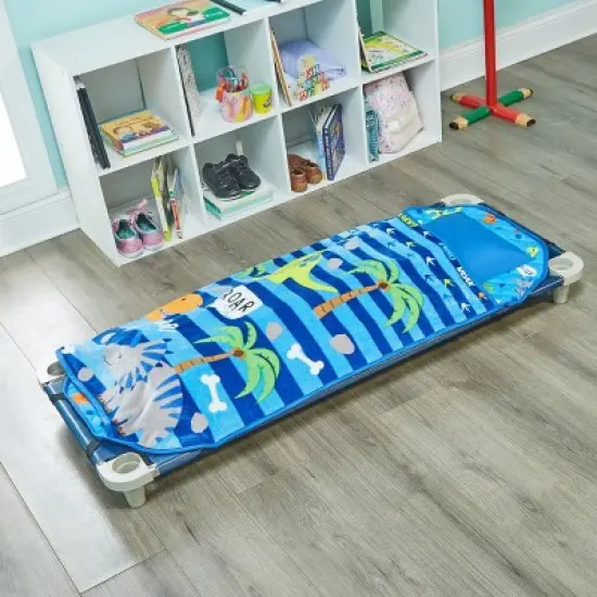 Everyday Kids Dinosaur Toddler Cot Nap Mat for Home, Daycare, Preschool ; Easy to Roll Sleeping Mat with Elastic Straps, Pillow and Blanket image {4}