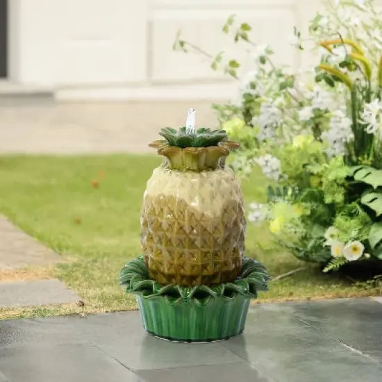 LuxenHome 17" Tabletop Ceramic Water Fountain, Pineapple Indoor and Outdoor Waterfall Fountains for Patio, Garden Decor Yellow image {3}