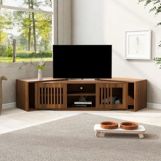 Gulches Walnut Mid-Century Modern Pet Friendly TV Stand with Extendable Table image {1}