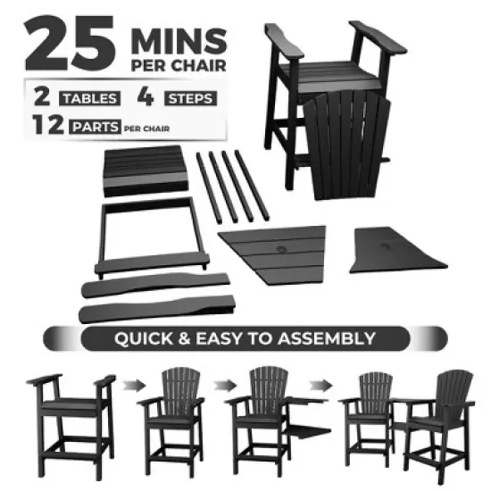 Outdoor Bar Height Adirondack Chairs with Connecting Tray, Balcony Chairs Recycled Poly Adirondack for Deck, Outdoor Tall Adirondack Chairs image {4}