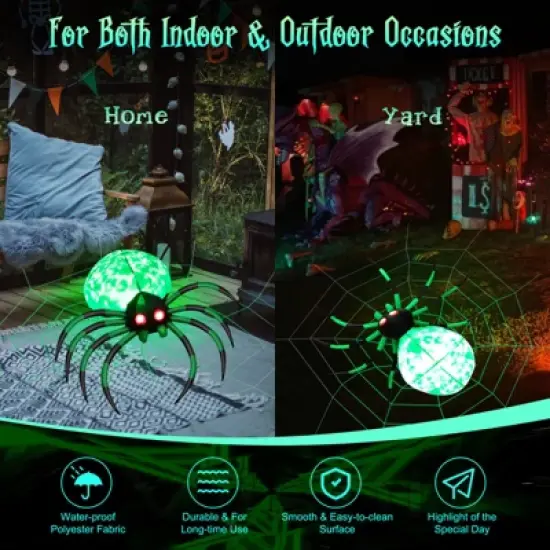 Tangkula Halloween Inflatable Spider with Cobweb Creepy Blow-up Spider with LED Rotating LED Light Green Black Legs Waterproof Halloween Decoration image {5}