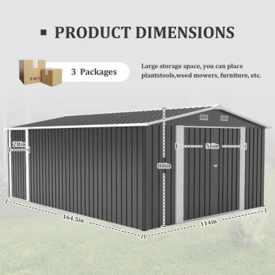 Campcraft 10x14 FT Dark Gray Outdoor Metal Storage Shed with 3 Lockable Doors,4 Vents, Utility Tool Shed for Backyard, Patio, Lawn-Cuddlewood image {3}