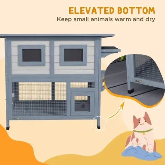 ORRD PawHut 2-Tier Outdoor Cat House, Weatherproof Feral Shelter w/ Escape Door, Asphalt Roof, Jump Platform, Light Gray image {2}