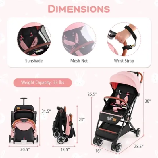 Infans Lightweight Baby Stroller Aluminium Frame w/ Net for Travel Pink image {1}