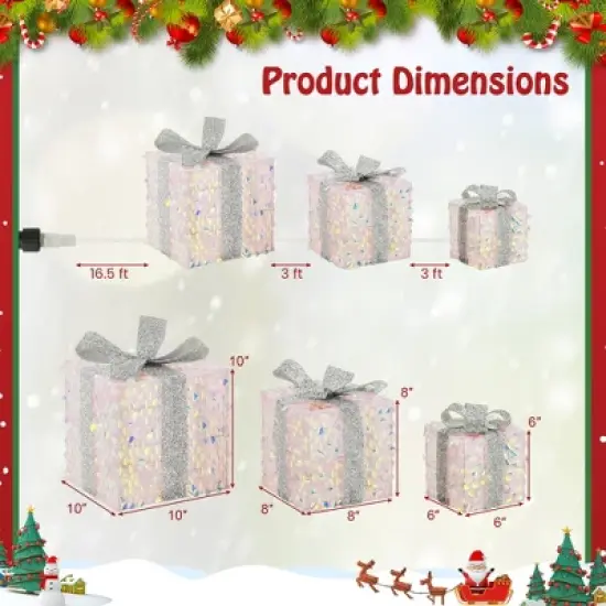 Tangkula Set of 3 Christmas Lighted Gift Boxes Pre-lit 90 LED Light Up Present Box Decorations with Bows and Plug image {8}
