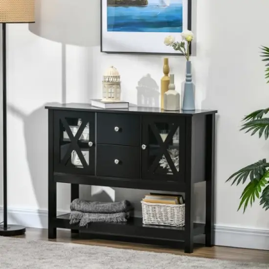 HOMCOM Sideboard, Glass Door Buffet Cabinet with Storage Drawers, Adjustable Shelves, Console Table for Living Room, Entryway, Black image {1}