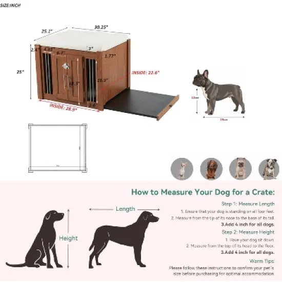 2 in 1 Dog Crate Wooden Dog Kennel Pet Crate House with Padded Seat, Ottoman with Removable Cushion, Walnut - ModernLuxe image {2}