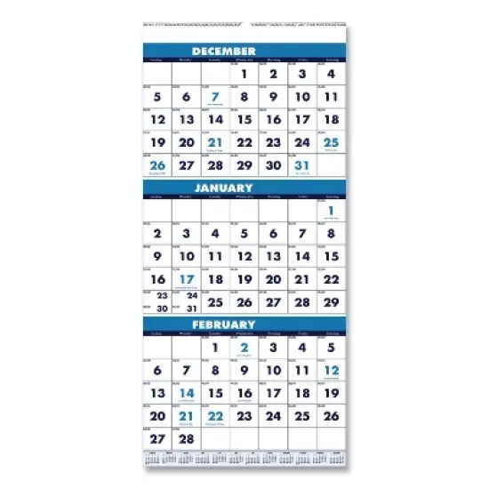 Recycled Three-Month Format Wall Calendar, Vertical Orientation, 8 x 17, White Sheets, 14-Month: Dec 2025 to Jan 2027 image {4}