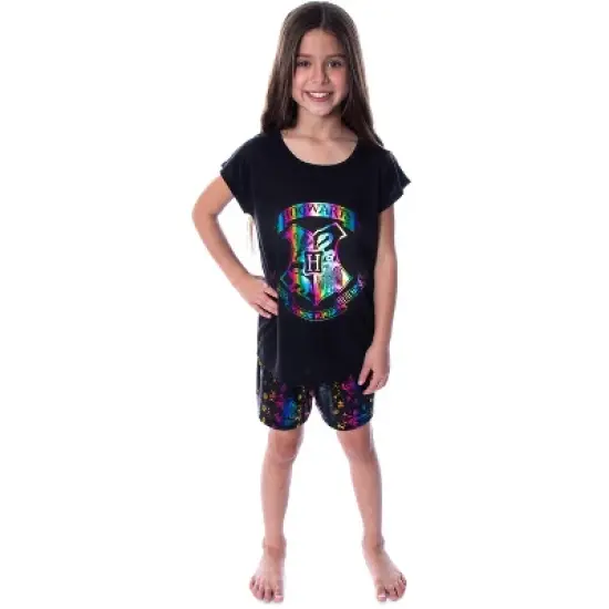 Harry Potter Girls' Hogwarts Rainbow Hologram Shirt and Shorts Pajama Set Black image {4}