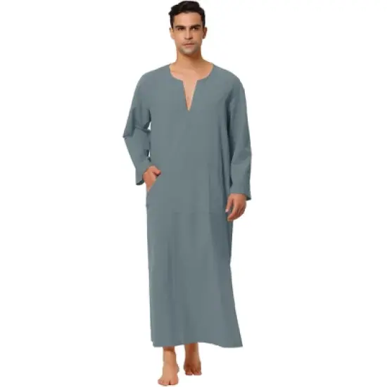 Lars Amadeus Men's Cotton V-Neck Side Split Long Night Gown with Pocket image {6}
