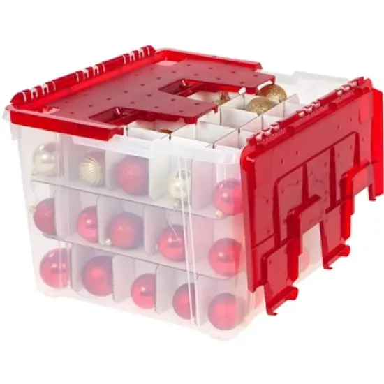IRIS USA Ornament Storage Box, Plastic Organization Container Bin, Clear/Red image {2}