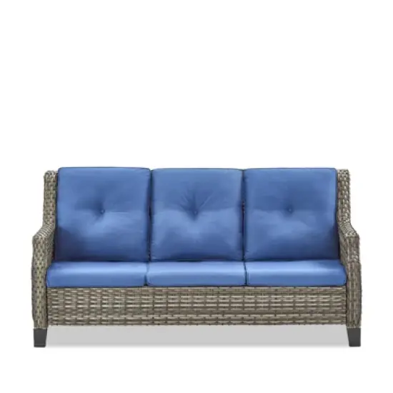 POCASSY Outdoor Wicker Sofa, Outdoor Furniture Patio Couch with All Weather Rattan and Olefin Cushion Cover for Porch, Deck, Gray Wicker Blue Cushion image {2}