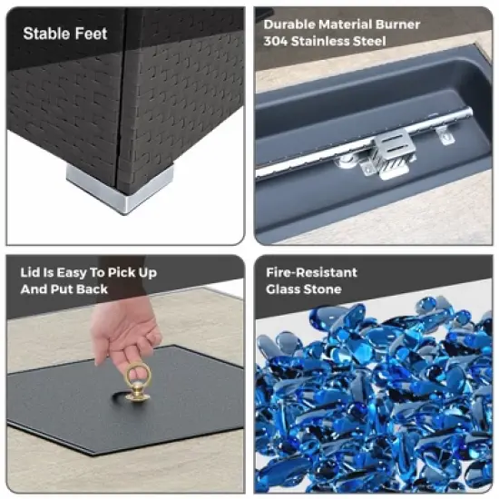 Evita 31.5" Rectangle Outdoor Fire Pit Table with 40,000 BTU Output with Windshield, Glass Stones, Waterproof Cover image {8}