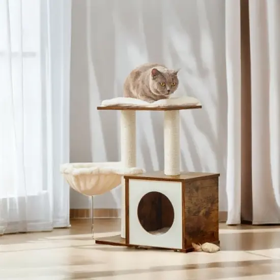 WoodyWonders Cat Tree for Kittens, Modern Cat Tower for Indoor Cats, Cat Condo with Scratching Posts, Removable Washable Cushions, Rustic Brown image {3}