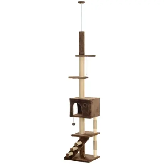 PawHut Floor to Ceiling Cat Tree, Adjustable Height 89"-104" Cat Tower with Cat Condo, Scratching Posts, Perches, 3-Steps, Hanging Ball & Anti-Tip Kit image {3}