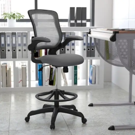 Flash Furniture Mid-Back Mesh Ergonomic Drafting Chair with Adjustable Foot Ring and Flip-Up Arms image {1}
