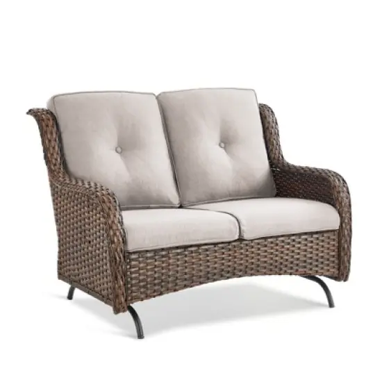 Buenhomino Patio Loveseat Rattan Glider Sofa with Curved Armrest Thicking Back & Seat Cushions for Garden Balcony Backyard image {8}