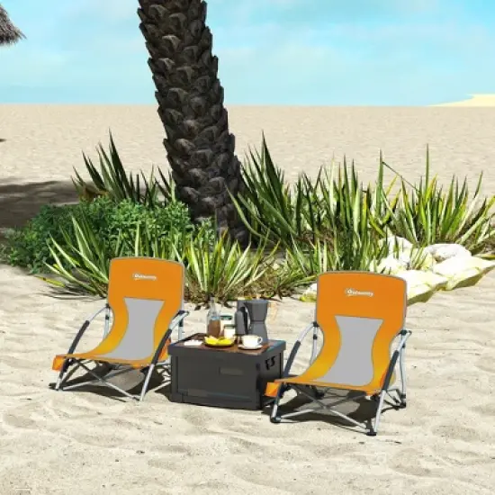 Outsunny Set of 2 Folding Beach Chair, Beach Chairs with Mesh Back, Carry Bag and Cup Holder for Outdoor Camping Lawn Sports Picnic, Orange image {2}