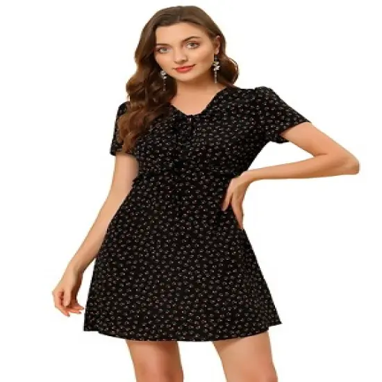 Allegra K Women's Floral Ruffle Trim Tie V Neck Shorts Sleeves Mini Dress image {9}