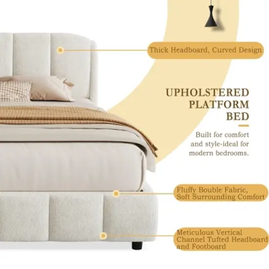 Christopher Knight Home Ella Boucle Upholstered Platform Bed with Headboard, Beige, King image {4}
