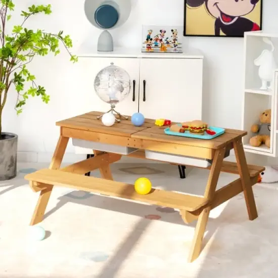 Costway 3-in-1 Kids Picnic Table Wooden Outdoor Sand & Water Table w/Umbrella Play Box es image {2}