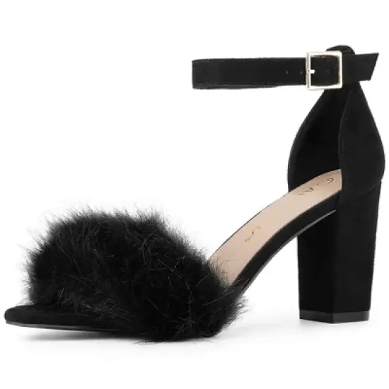 Allegra K Women's Faux Fur Ankle Strap Block Heels Sandals image {7}