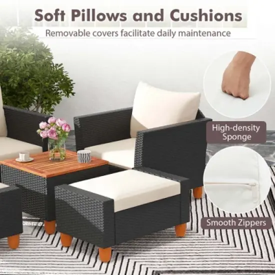 Costway 5 PCS Patio Furniture Set with Storage Table Ottomans Soft Pillows & Cushions image {4}