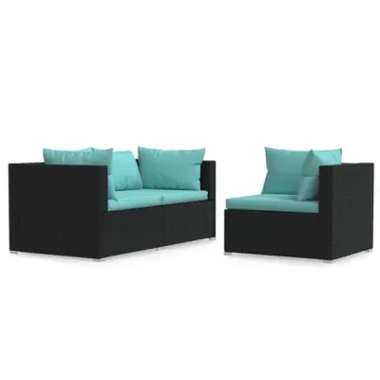 vidaXL 3 Piece Patio Lounge Set with Cushions Black Poly Rattan image {1}
