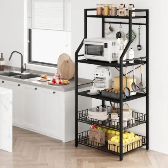 Bakers Rack, Microwave Oven Stand with 2 Large Wire Basket, 5-Tier Kitchen Utility Storage Shelf with 8 Hooks for Spice, Pots Organizer image {4}