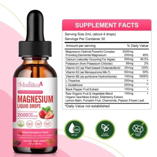 Mulittea High Potency Magnesium Glycinate Liquid Drops - Promotes Relaxation, Muscle, Sleep - 60ml (Strawberry Flavor) image {2}