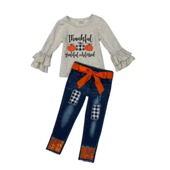 Girls Thankful, Grateful, & Blessed Sequin Patched Jeans Set - Mia Belle Girls image {2}
