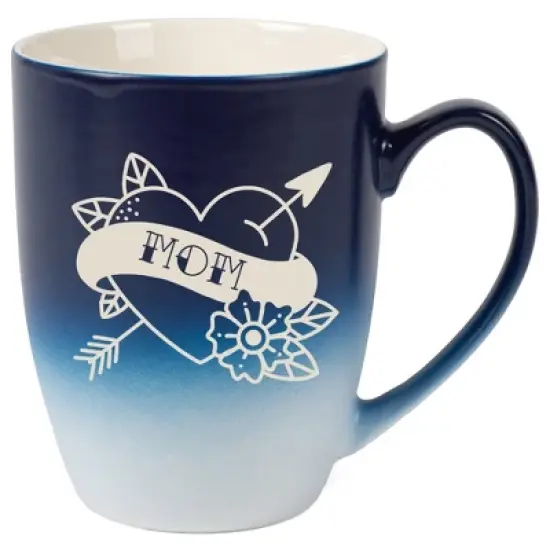 100 North Floral Heart 10 Ounce Navy Blue and White Two Toned Ombre, Comfortably Fits Your Hands, Ceramic Tea Coffee Cup Mug, Mom image {1}