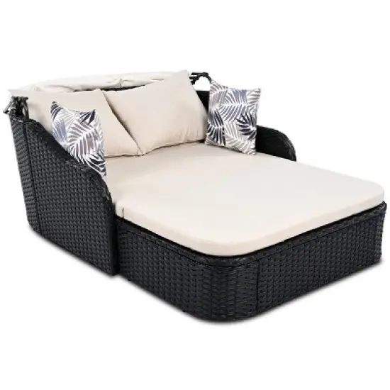 Double Patio Outdoor Chaise Lounge,Black Wicker Patio Outdoor Sunbed With Adjustable Canopy,PE Rattan Lounge Daybed With Cushion -Maison Boucle image {6}