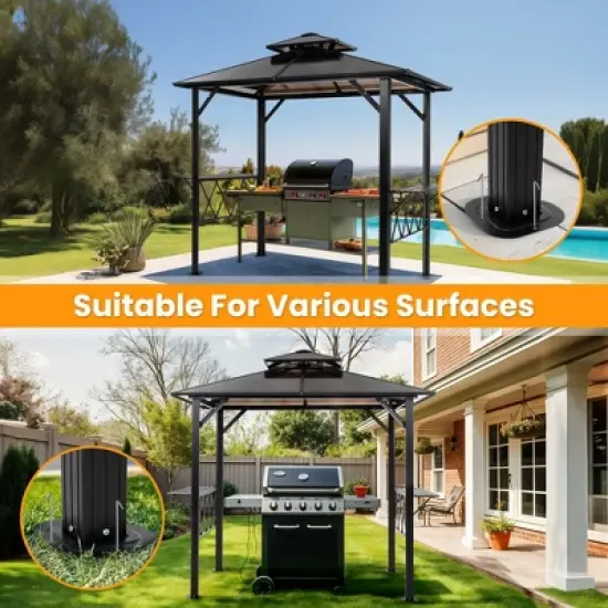 Pamapic 8' x 5' Hardtop BBQ Grill Gazebo Tent Canopy with 2-Tier PC Roof and Side Shelves, Gray image {7}