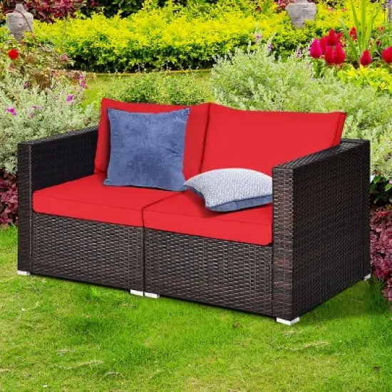 Tangkula 4PCS Rattan Corner Sofa Set Patio Outdoor Furniture Set w/ Red Cushions image {2}