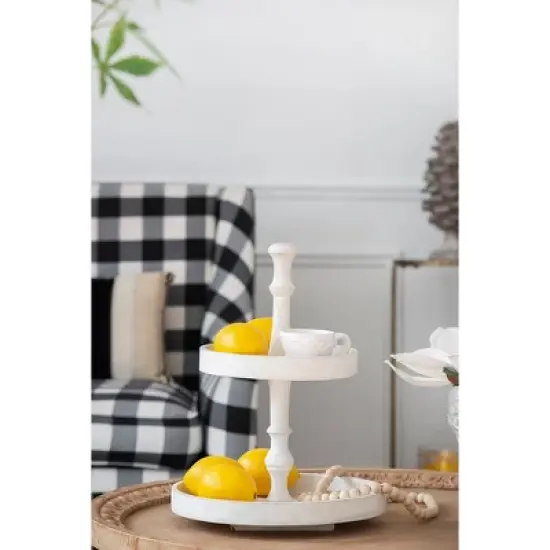D11.8x15.4in Two-Tiered Round Wooden Tray, White image {6}