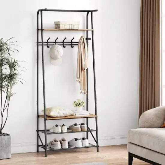 Coat Rack Shoe Bench with Double Row 8 Hooks, 3-Tier Shelf Entryway Hall Tree with Storage, Metal Frame Multifunctional Hallway Organizer, Hallway image {7}