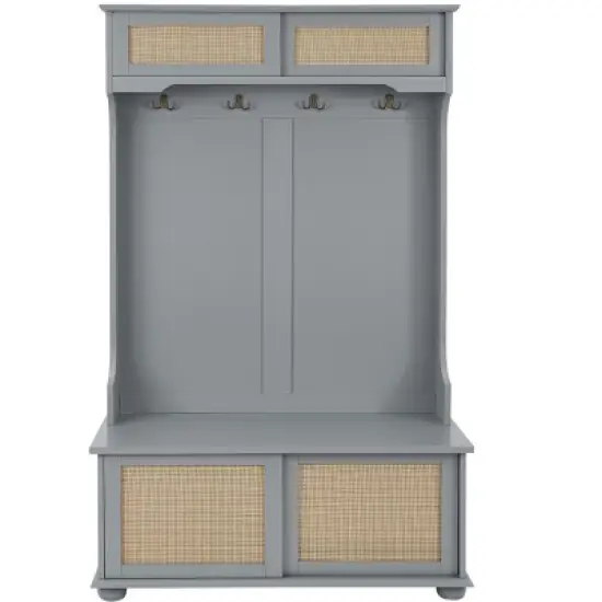 TIRAMISUBEST Casual Hall Tree with Rattan Doors & Shoe Storage - Gray Entryway Organizer Bench image {1}