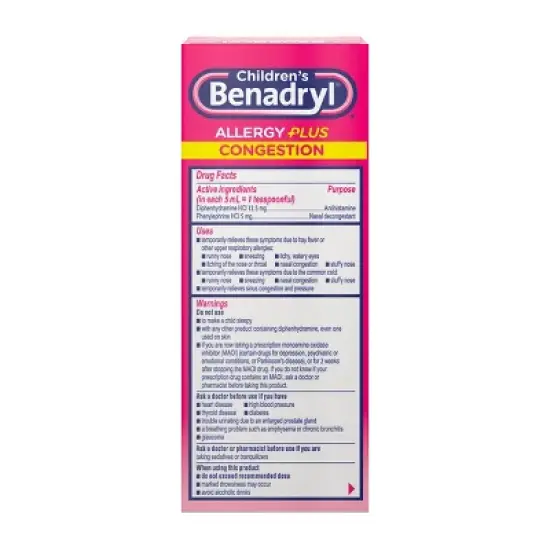 Children's Benadryl Diphenhydramine Allergy Plus Congestion Relief Liquid - Grape - 4 fl oz image {6}