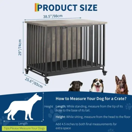 Heavy Duty Dog Crate Furniture with Wheels, 39'' Dog Kennel Furniture with Removable Tray, Wooden Pet Cage Indoor, Decorative Side End Table image {6}