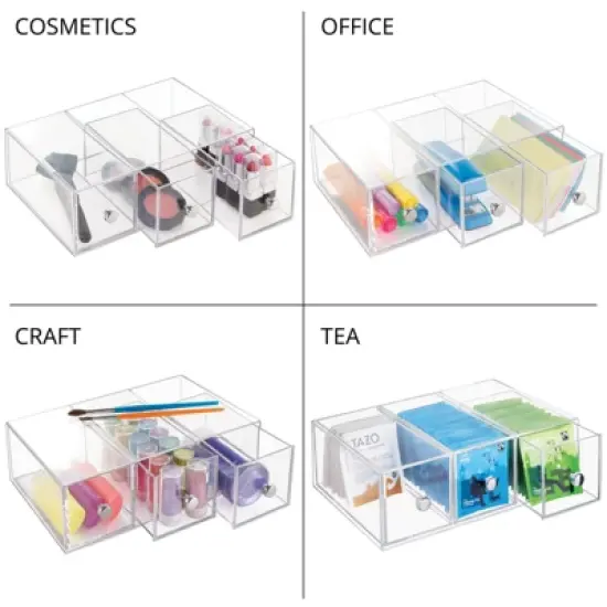 mDesign Plastic Stackable Desktop Storage for Office, 3 Drawers, 2 Pack - Clear image {5}
